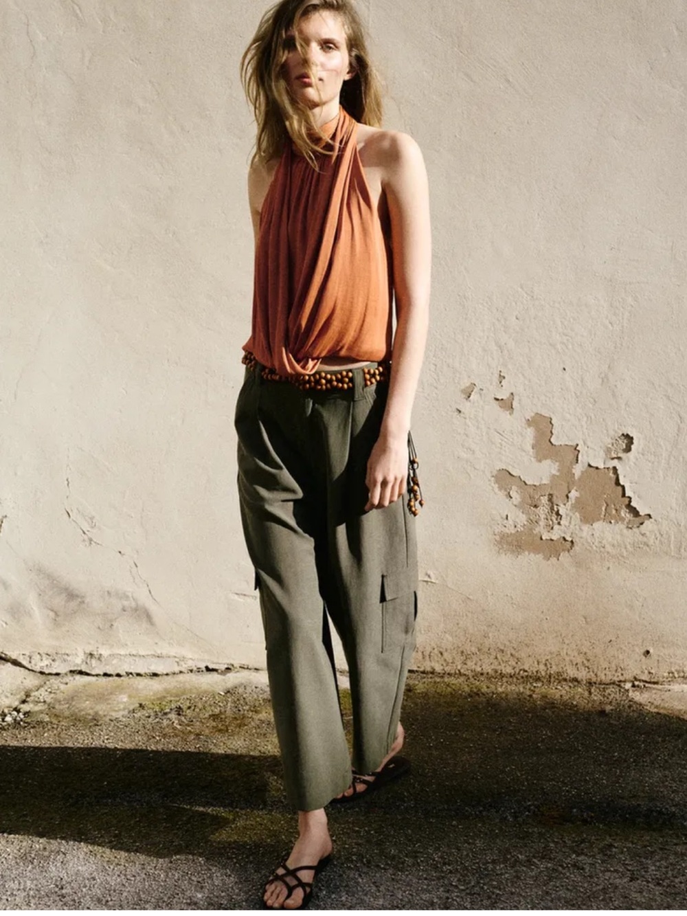 NWOT Zara Khaki Green Cargo Anklet Pant  W/Back Elastic Waistband SZ M